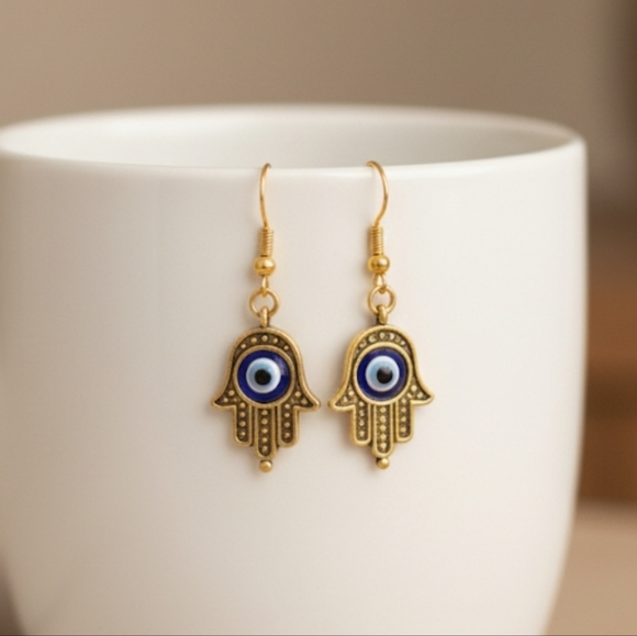 Mini Hamsa Hand Earrings Fatima Hand Pendant Yoga Spirit Buddha Evil Eye - Picture 2 of 8